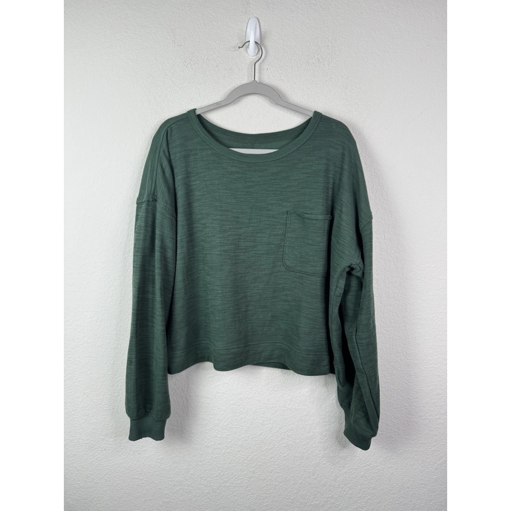 Aerie Relaxed Knit Top‎ Pullover Cropped Sz M Green Oversized Lounge Thermal